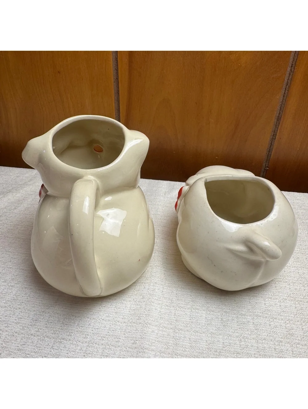 Vintage Ceramic Pig Creamer & Sugar Bowl Set Red Bow Retro Farmhouse Kitchen